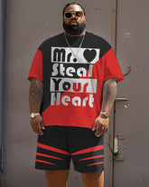 Men's Plus Size Street Casual Colorblock Steal Your Heart Letter Print T-Shirt Shorts Suit